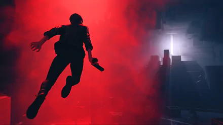4K Ultra HD PC wallpaper featuring a dynamic scene from the video game Control, with a silhouetted character suspended against a vivid red and dark contrasting background.