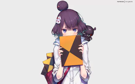 HD desktop wallpaper featuring Katsushika Hokusai from Fate/Grand Order. The anime character holds a geometric-patterned book, with a grey background emphasizing the vibrant design.