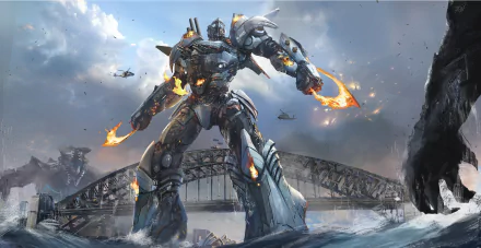 A giant mecha with flaming weapons stands in front of the Sydney Harbour Bridge, with helicopters in the sky and a monster in the background, from the movie Pacific Rim: Uprising. HD desktop wallpaper.