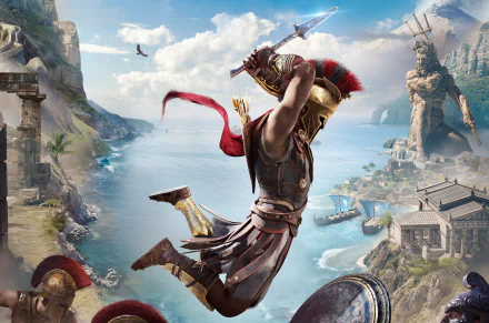 HD wallpaper for Assassin's Creed Odyssey video game featuring a warrior in mid-leap with a sword against a stunning coastal backdrop with ancient ruins and statues.