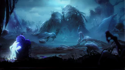 HD desktop wallpaper of Ori and the Will of the Wisps, featuring Ori against a mystical creature in a dark, enchanted forest.