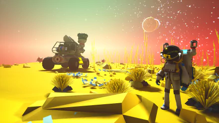 HD desktop wallpaper from ASTRONEER featuring an astronaut next to a rover on an alien planet with a colorful sky.