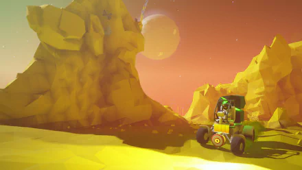 HD wallpaper featuring an ASTRONEER character driving a rover on an alien planet with a large moon in the background.