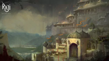 HD desktop wallpaper of 'Raji: An Ancient Epic' featuring mystical ancient Indian architecture with cloudy skies.