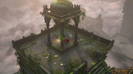 HD wallpaper from Raji: An Ancient Epic featuring a character on a mystical temple platform surrounded by foggy ruins.