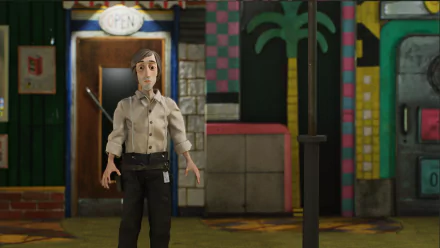 HD desktop wallpaper featuring a character from Harold Halibut standing in front of colorful urban scenery.