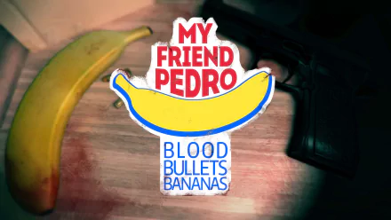 HD desktop wallpaper for My Friend Pedro featuring a banana, game logo, and a handgun on a wooden surface.