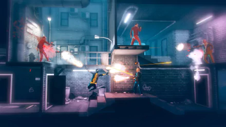 HD desktop wallpaper from My Friend Pedro featuring a character in acrobatic gunplay in a neon-lit alleyway.