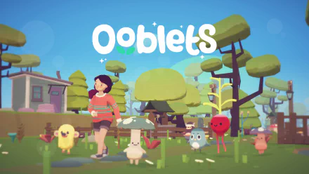 HD desktop wallpaper of Ooblets featuring a character surrounded by whimsical creatures in a colorful landscape.