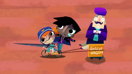 HD desktop wallpaper featuring characters from Knights and Bikes, with one riding a bike and another in a rescue wagon.