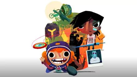 HD desktop wallpaper featuring animated characters from Knights and Bikes, with a playful and adventurous theme.