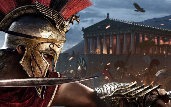 HD desktop wallpaper from the video game Assassin's Creed Odyssey, featuring a warrior in detailed armor with a historic temple and battle scene in the background.