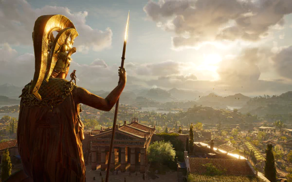HD desktop wallpaper of Assassin's Creed Odyssey featuring a majestic view of ancient Greek architecture, with a bronze statue holding a spear overseeing a landscape bathed in golden sunlight.