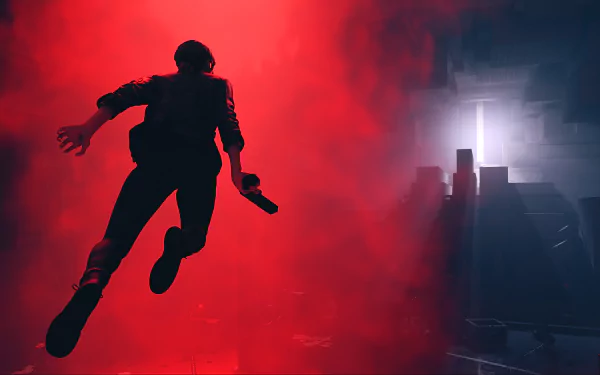 4K Ultra HD PC wallpaper featuring a dynamic scene from the video game Control, with a silhouetted character suspended against a vivid red and dark contrasting background.