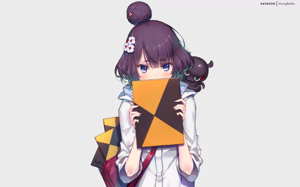 HD desktop wallpaper featuring Katsushika Hokusai from Fate/Grand Order. The anime character holds a geometric-patterned book, with a grey background emphasizing the vibrant design.