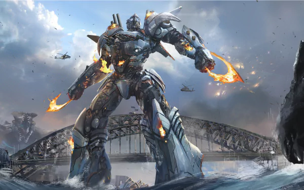 A giant mecha with flaming weapons stands in front of the Sydney Harbour Bridge, with helicopters in the sky and a monster in the background, from the movie Pacific Rim: Uprising. HD desktop wallpaper.