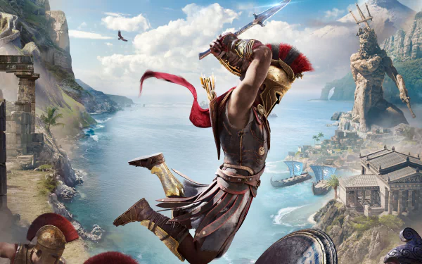 HD wallpaper for Assassin's Creed Odyssey video game featuring a warrior in mid-leap with a sword against a stunning coastal backdrop with ancient ruins and statues.