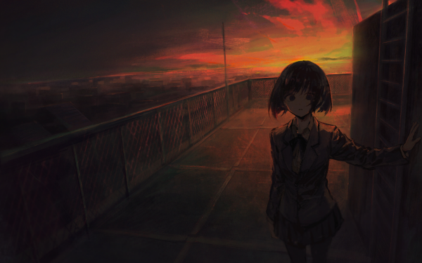 Anime Girl Short Hair Brown Hair Sunset bow HD Wallpaper | Background Image