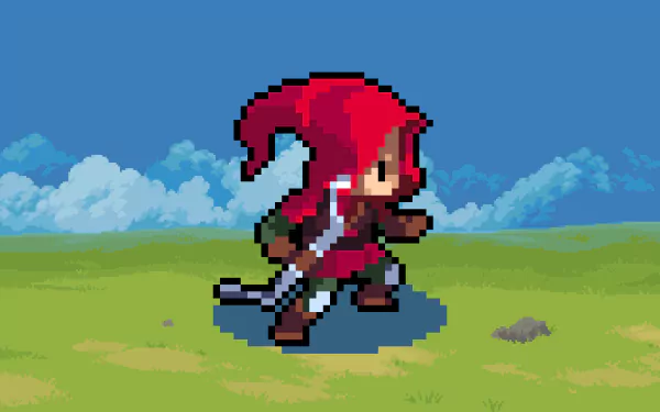 HD desktop wallpaper featuring a pixelated character from Wargroove on a vibrant grassy background with blue skies.