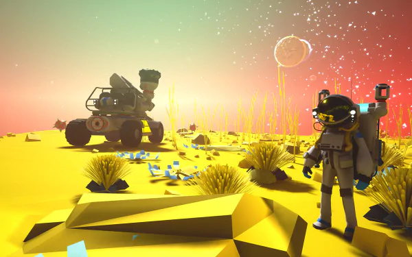 HD desktop wallpaper from ASTRONEER featuring an astronaut next to a rover on an alien planet with a colorful sky.