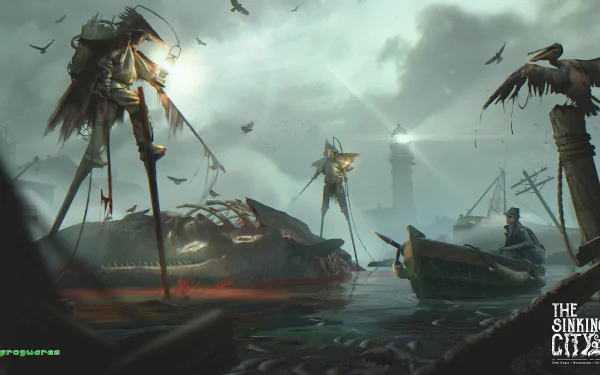 HD wallpaper of The Sinking City featuring eerie creatures in a flooded, decaying cityscape with a boat and birds.
