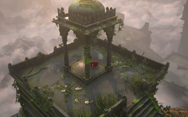 HD wallpaper from Raji: An Ancient Epic featuring a character on a mystical temple platform surrounded by foggy ruins.