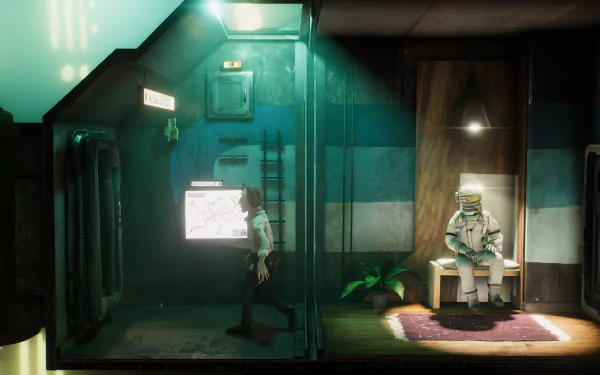 HD desktop wallpaper from Harold Halibut featuring a character by a diagram and another sitting in a chair in a dimly lit underwater room.