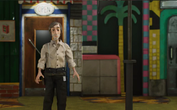 HD desktop wallpaper featuring a character from Harold Halibut standing in front of colorful urban scenery.