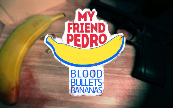 HD desktop wallpaper for My Friend Pedro featuring a banana, game logo, and a handgun on a wooden surface.