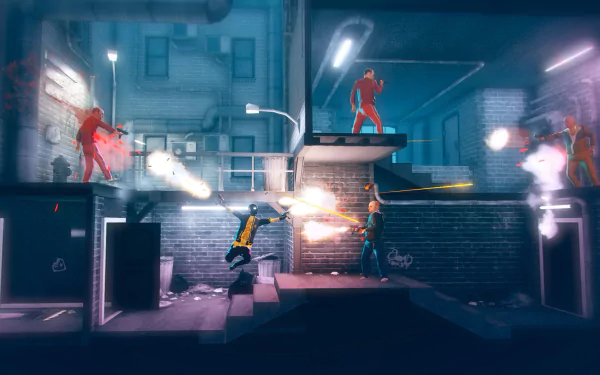 HD desktop wallpaper from My Friend Pedro featuring a character in acrobatic gunplay in a neon-lit alleyway.