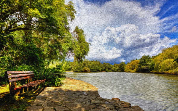4K Ultra HD PC desktop wallpaper: artistic lakeside scene with a wooden bench on a stone path beneath trees and a dramatic cloud-filled sky.