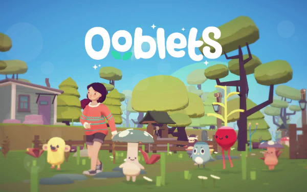 HD desktop wallpaper of Ooblets featuring a character surrounded by whimsical creatures in a colorful landscape.
