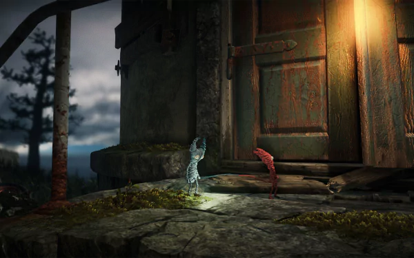 HD desktop wallpaper featuring two Yarny characters from the game Unravel Two, standing next to a mysterious doorway.