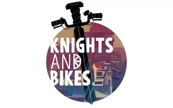 HD desktop wallpaper featuring the logo of Knights and Bikes with stylized artwork and bold text overlay.