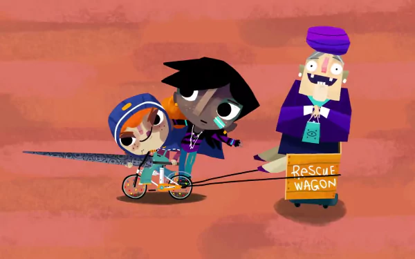 HD desktop wallpaper featuring characters from Knights and Bikes, with one riding a bike and another in a rescue wagon.