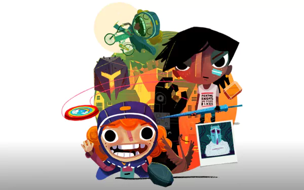 HD desktop wallpaper featuring animated characters from Knights and Bikes, with a playful and adventurous theme.