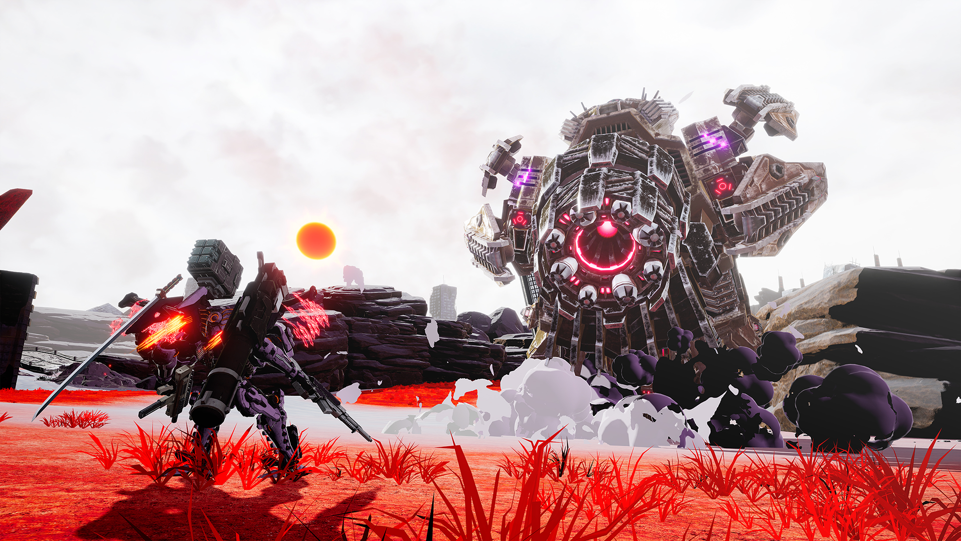 HD desktop wallpaper featuring a scene from Daemon X Machina with a mech and warrior on a red battlefield.