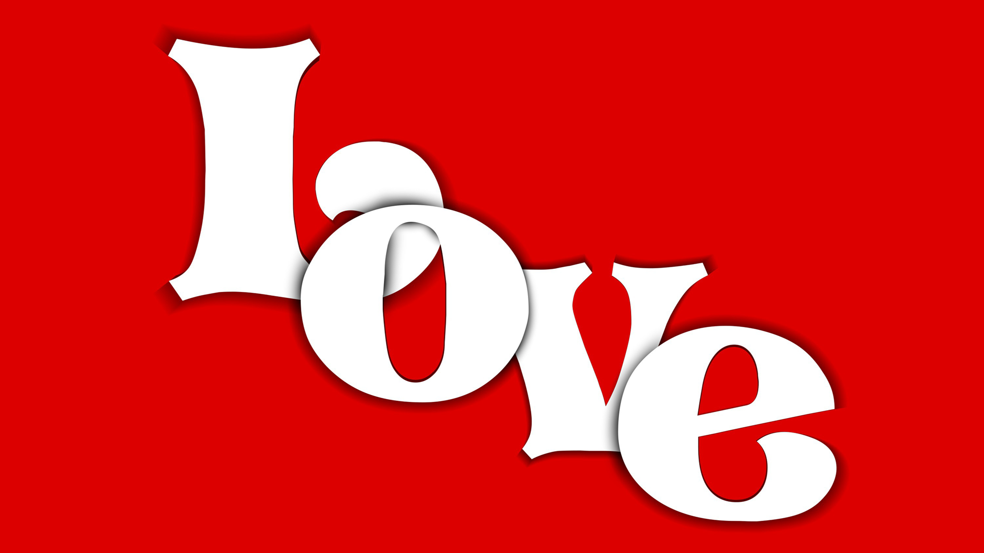 Artistic red Valentine's Day card design featuring the word Love in bold white letters, styled as an HD PC desktop wallpaper and background.
