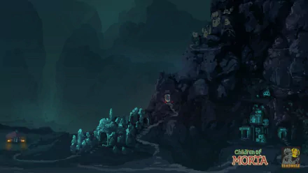 HD desktop wallpaper from the game Children of Morta, featuring a mystical cave environment with luminous crystals.