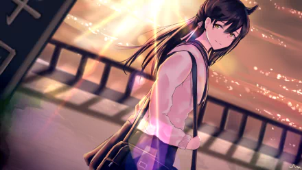 Anime HD desktop wallpaper featuring Atago from Azur Lane, portrayed against a sunset background with a serene expression and flowing hair.