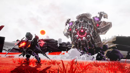 HD desktop wallpaper featuring a scene from Daemon X Machina with a mech and warrior on a red battlefield.
