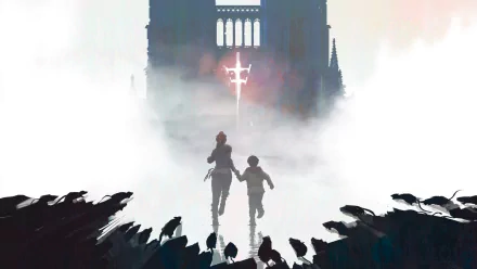 HD PC wallpaper featuring Hugo and Amicia de Rune from the video game A Plague Tale: Innocence, walking toward a glowing symbol with a gothic cathedral backdrop.