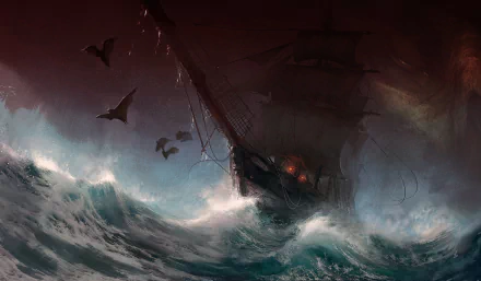 Dark fantasy HD desktop wallpaper depicting a ghostly ship riding towering waves, swarmed by ominous bats under a stormy sky.