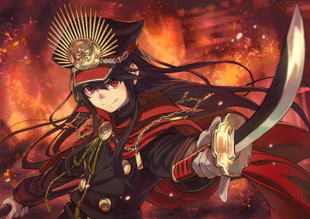HD PC desktop wallpaper featuring anime character Oda Nobunaga from Fate/Grand Order, depicted with flowing dark hair, detailed armor, and a fiery background.