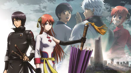 HD PC desktop wallpaper featuring Shimura Shinpachi, Kagura, and Gintoki Sakata from the anime Gintama against a dramatic sky and cityscape background.