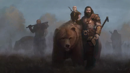 HD fantasy PC wallpaper depicting a muscular warrior standing beside a large bear, with two armed companions in a misty, battle-ready landscape.