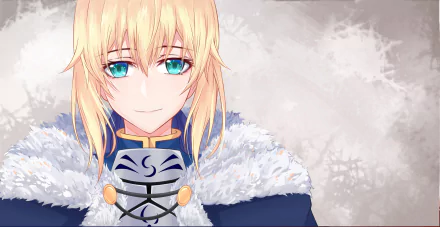 HD PC desktop wallpaper featuring Saber from Fate/Grand Order, showcasing anime-style art with her blonde hair, blue eyes, and detailed fur-trimmed outfit.