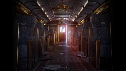 HD PC desktop wallpaper featuring a dimly lit, eerie train interior from the video game Resident Evil 0, showcasing detailed textures and atmospheric lighting.