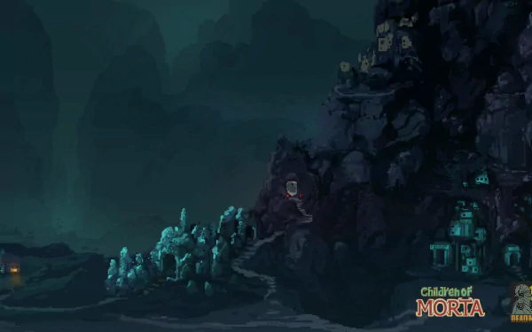 HD desktop wallpaper from the game Children of Morta, featuring a mystical cave environment with luminous crystals.