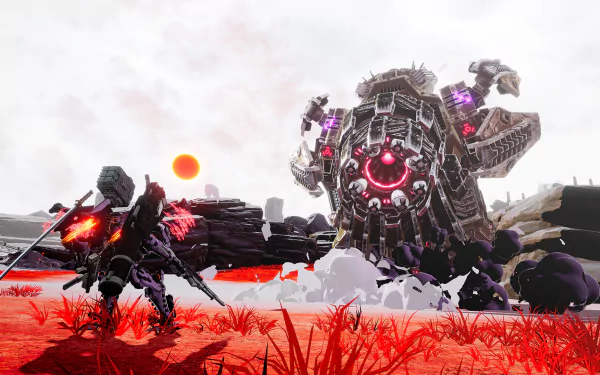 HD desktop wallpaper featuring a scene from Daemon X Machina with a mech and warrior on a red battlefield.